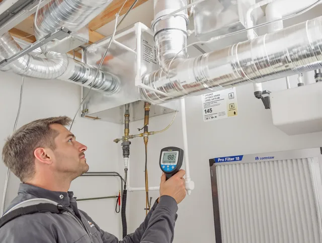 Foxborough Air Duct Cleaning expert conducting detailed filter system inspection using diagnostic tools in Foxborough