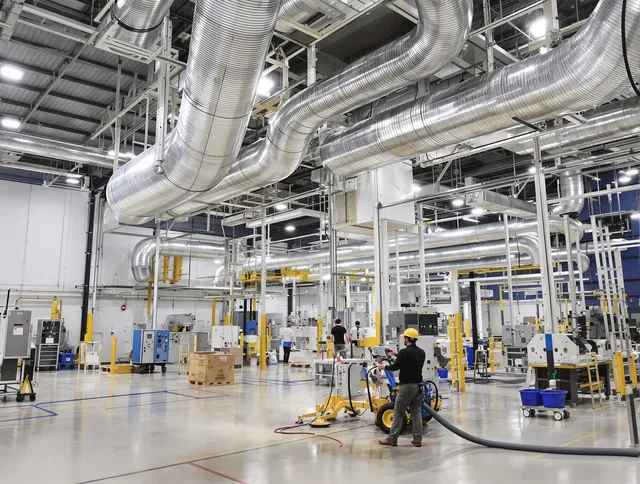 Foxborough Air Duct Cleaning team performing comprehensive industrial duct cleaning at a large facility in Foxborough